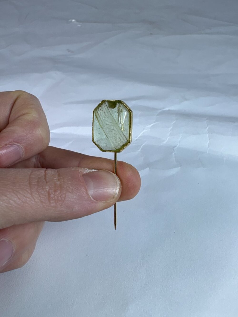 Vintage Art Deco Green Glass Stick Pin | Faceted Glass Hat Pin | Gold Tone Lapel